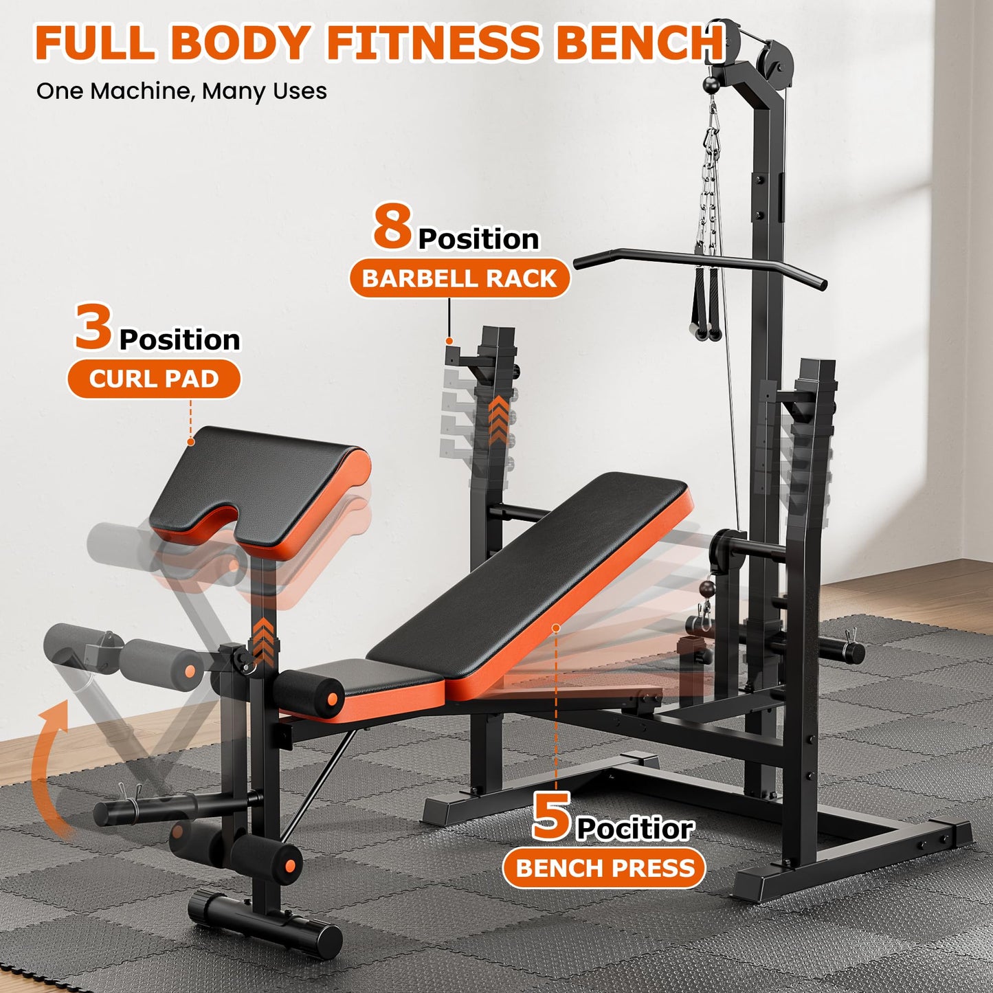 9-in-1 Adjustable Olympic Weight Bench with Lat Pulldown, Row, Squat Rack & Leg Curl – Multi-Function Strength Training Bench Press for Home Gym Full Body Workout (9 in1 Olympic Weight Bench)