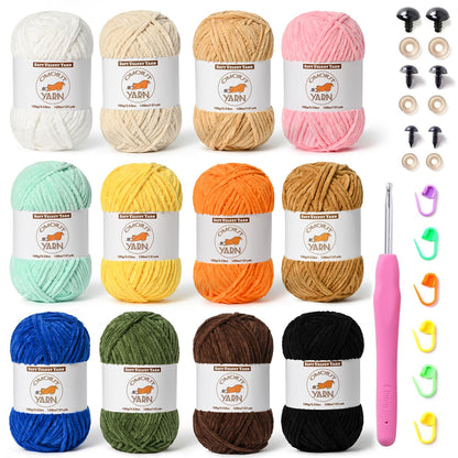12 Skeins Fluffy Chenille Yarn for Crocheting, Soft Bulky Velvet Yarn for Knitting, Plush Baby Blanket Crochet Yarns, 1572 Yards Multicolor Amigurumi Yarn for Crafts Set F
