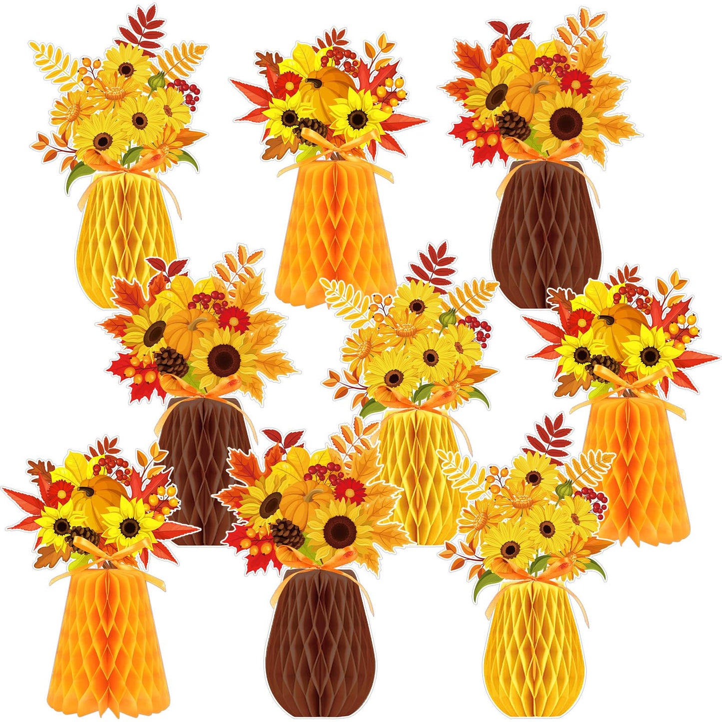 Kathfly 9 Pcs Fall Honeycomb Centerpieces Autumn Thanksgiving Pumpkin Maple Berry Sunflowers Paper Vase Table Centerpiece 3D Fall Party Decoration for Thanksgiving Party Favors Home Table Decor