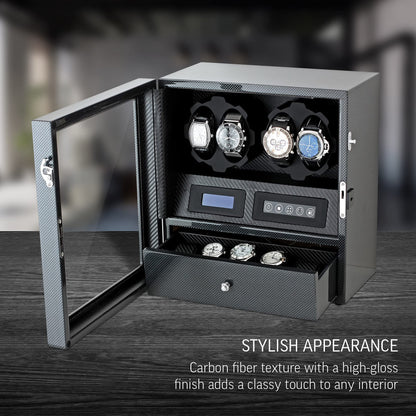4 Watch Winder with 5 Watch Storage Space, LCD Display, Touch Control and Interior Light (Carbon + Black)