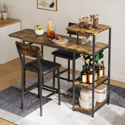 GarveeHome Bar Table and Chairs Set for 2, 3-Piece Bar Table Set with Storage Shelves, Cup Holder & Wine Rack, PU Leather Bar Stools, Small Dining Table for 2 for Kitchen, Breakfast Nook, Brown