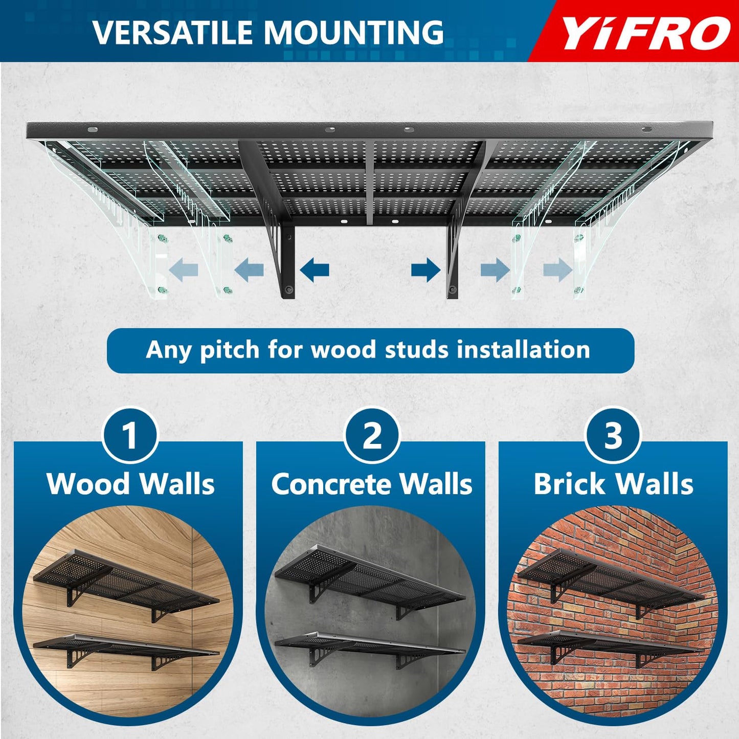 YIFRO 4-Pack 1.5x4ft Heavy Duty Garage Wall Shelving, 1000 lbs Load Capacity, Garage Shelving Wall Mounted, Storage Rack with Hooks, Black