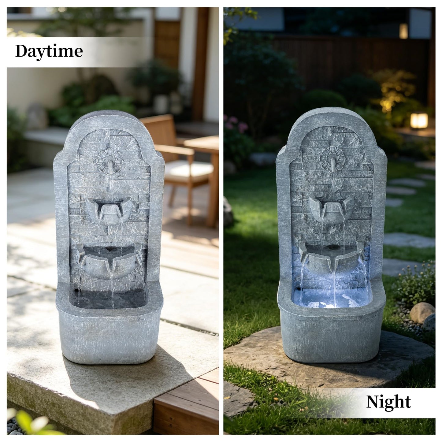 Solarbloom 30.3" H Outdoor Water Fountain, Freestanding Waterfall with LED Lights, Floor-Standing Water Feature for Patio, Garden, Backyard, Porch, Home Decor
