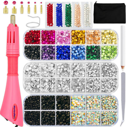 Worthofbest Hot Fix Rhinestone Applicator Tool Kit, 5200Pcs 3/4/5mm Glass Hotfix Rhinestones, Rhinestone Setter with 6 Tips, Stand, Zipper Bag, Tweezers & Gem Picker for Clothing Fabric DIY Crafts