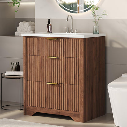 Garvee 30" Fluted Bathroom Vanity with Sink, Farmhouse Freestanding Bathroom Sink Cabinet with 2 Drawers & 1 Flip-Down Drawer, Easy Assembly & Cleaning, Walnut