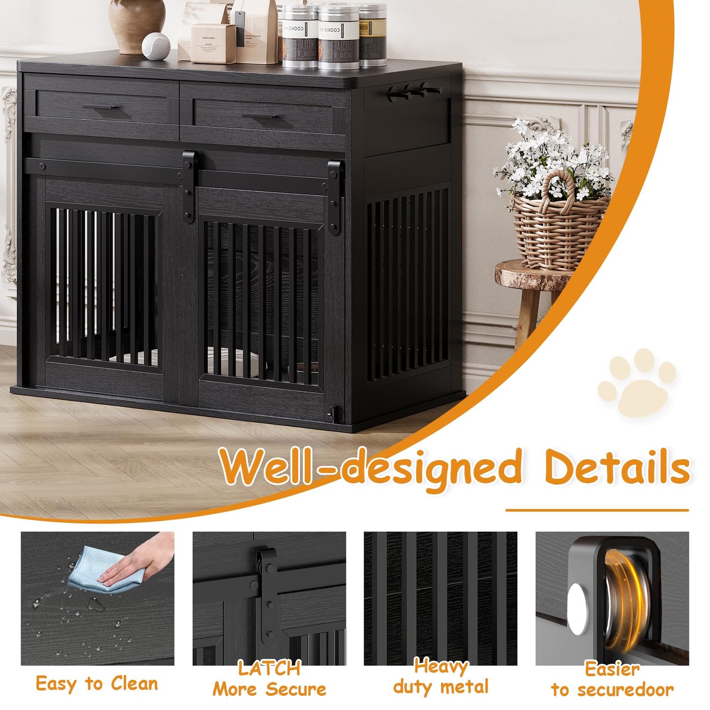 44.5''Large Dog Crate Furniture with 2 Storage Drawers,Heavy Duty Dog Kennel Indoor with Hook,Dog Kennel End Table TV Stand, Farmhouse Style Dog Crates with Sliding Barn for Medium/Large Dogs,Black