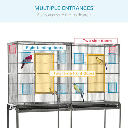 PawHut 65" Double Rolling Metal Bird Cage with Divider, Large Parrot Cage for Parakeet, Canaries, Lovebirds, Budgie, Finch, with Detachable Rolling Stand, Storage Shelf, Wood Perch & Food Container