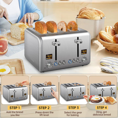 SEEDEEM 4 Slice Stainless Toaster - Color LCD Display, 7 Shade Settings, 1.5'' Wide Slots with Bagel/Defrost/Reheat Functions, Removable Crumb Tray, Silver Metallic, 1800W