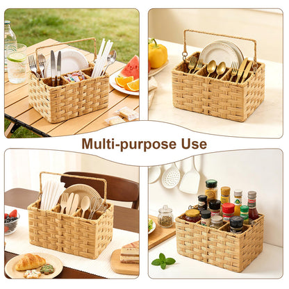 Laveduso Wicker Utensil Caddy – Tabletop Utensil & Silverware Organizer with Handle, Multi-Use Cutlery and Condiment Holder, Kitchen Countertop Basket, Ideal for Parties, Picnics & Buffets
