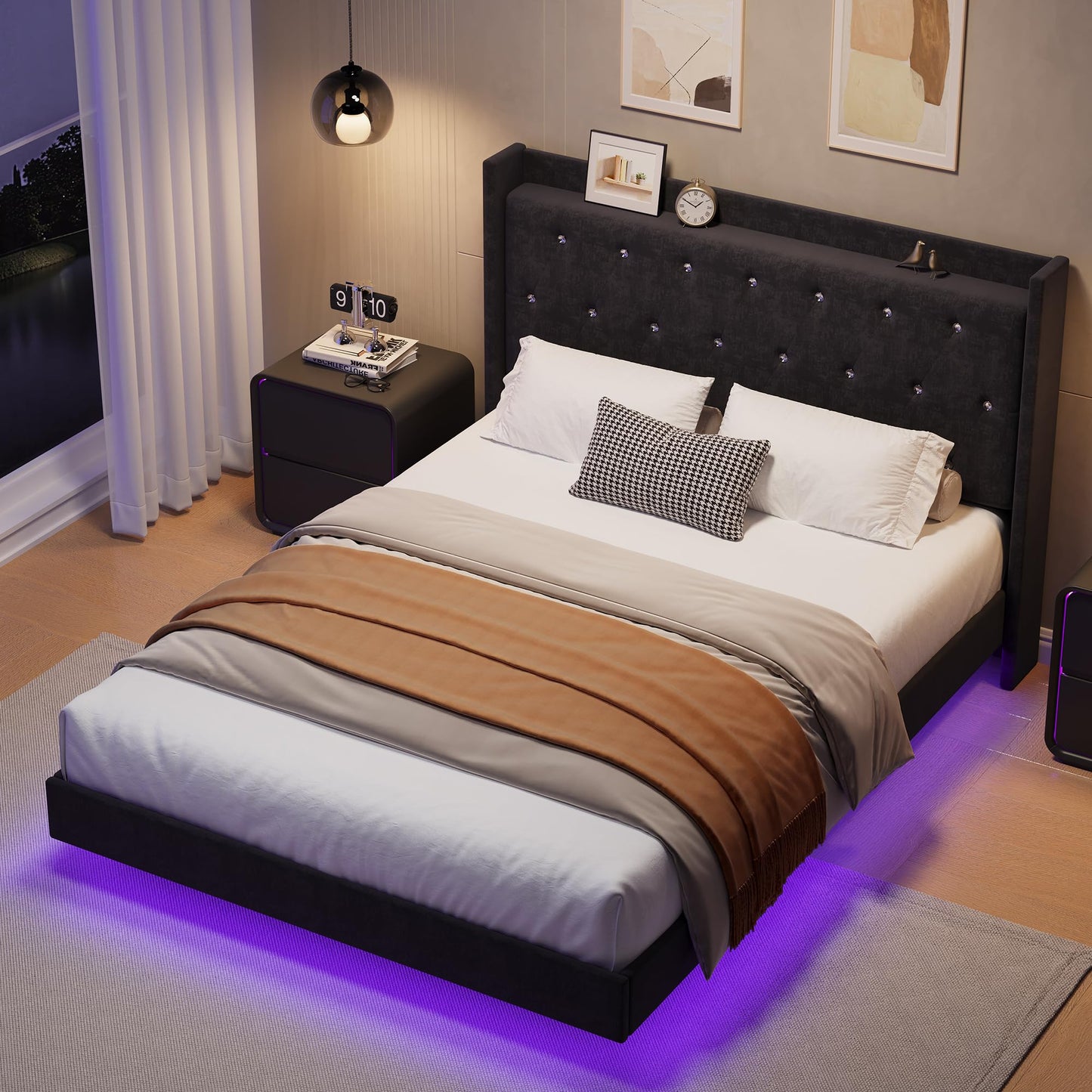GAOMON Floating Bed Frame Full Size with LED Lights, Velvet Upholstered Platform Full Bed Frame with Wingback Storage Headboard, No Box Spring Needed, Easy Assembly, Black