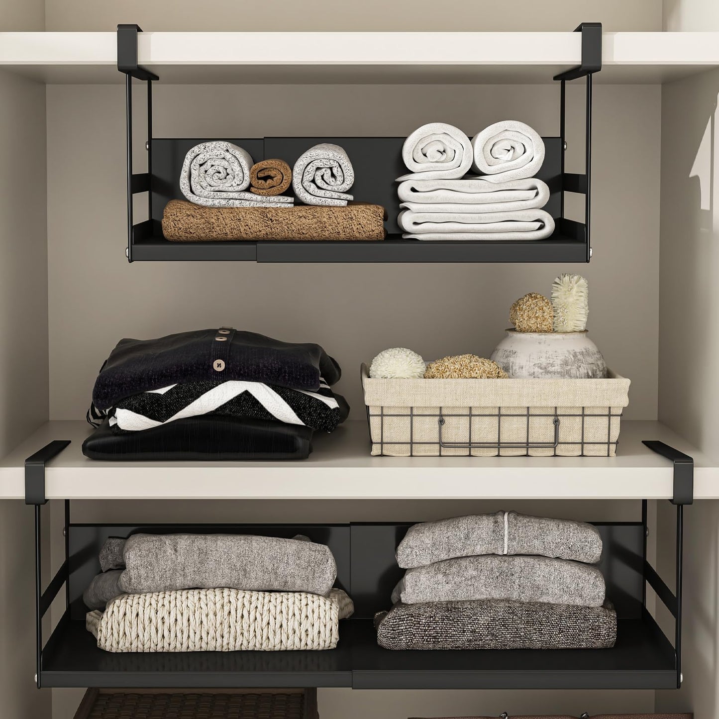 SHINEWON Expandable Under Cabinet Shelf Organizer with 0.94-Inch Thick Clips, Heavy Duty Extendable Under Shelf Storage Basket for Pantry or Laundry Room, Black, 1 Pack, Interior: 4.13" H x 8.54" D
