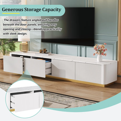 Merax Modern Fluted TV Stand Consoles for Living Room, Wood Entertainment Center with 4 Drawers & Faux Marble Tabletop, Practical Media Console for Televisions Up to 85'', White