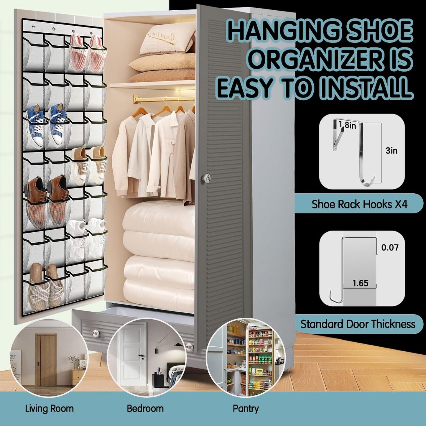 Kotkn 28 Closet Women,White-01) Compartment Over the Door Shoe Organizer, Breathable Mesh Large Shoe Rack for Storage