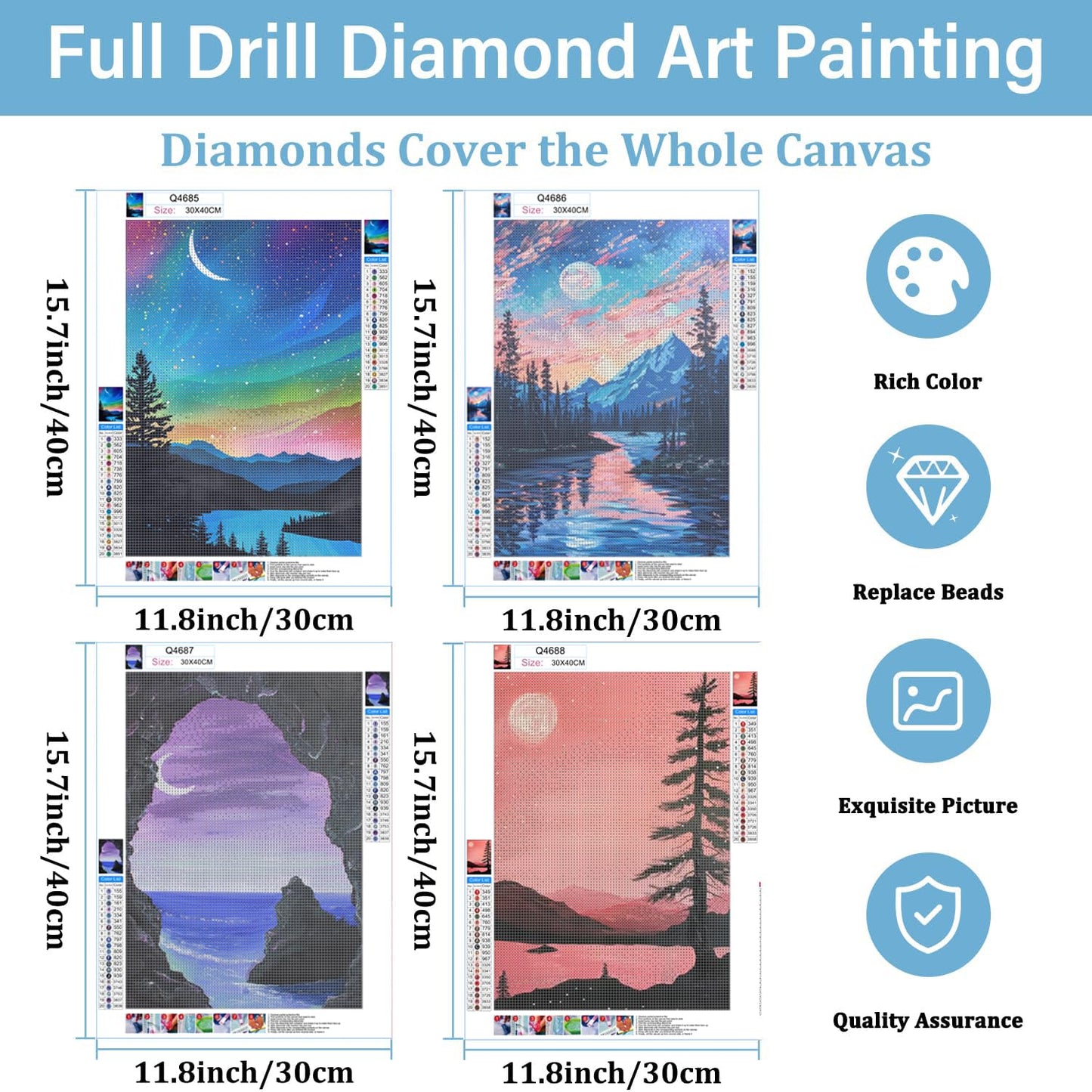DOTSOPS Diamond Painting Kits Art Adults Painting Kit Crafts DIY 5D Diamond Art Packs Kits Full for Adults Beginner Home Wall Decoration Gift 11.8x15.7 Inches (4 Pack Landscape-b)