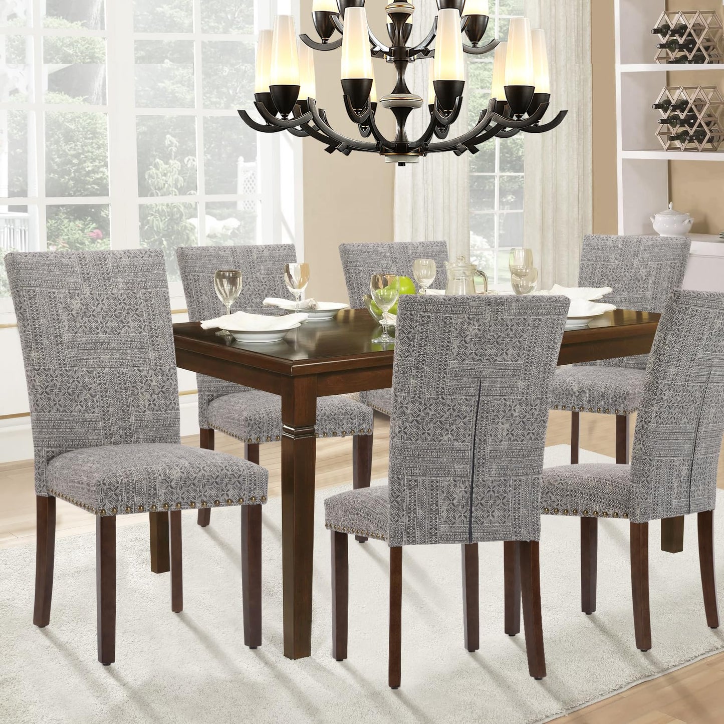 Parsons Dining Chairs Set of 4, Upholstered Nailhead Dining Room Kitchen Side Chair with Thick Cushions and Wood Legs, Black/White