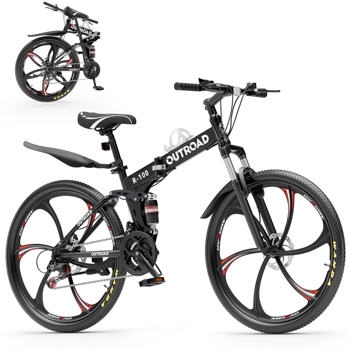 MarKnig 26 Inch Adult Folding Bikes/Mountain Bikes, 21 Speeds Mountain Bicycles with Full Suspension, Dual Disc Brake, High Carbon Steel Frame, Foldable Bike for Men/Women/Teen, LH-Black