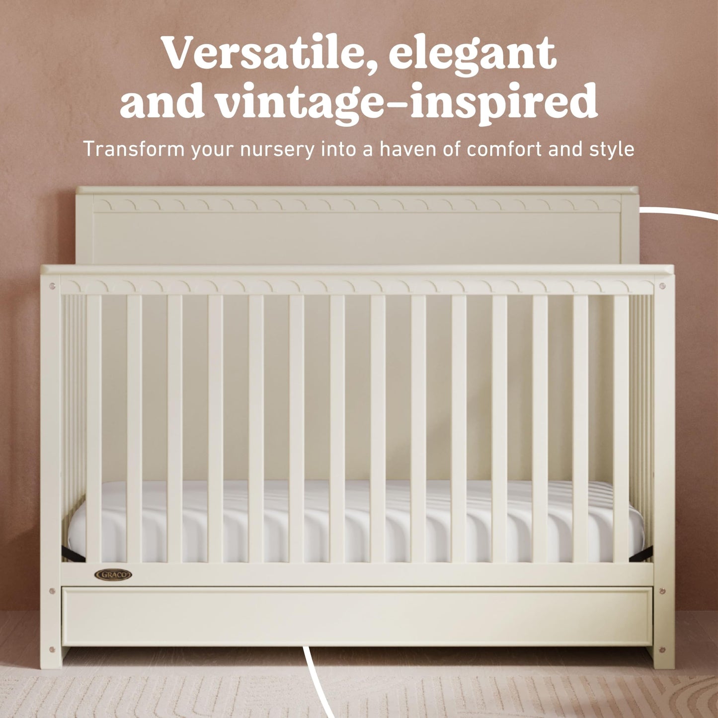 Graco Sasha 5-in-1 Convertible Crib with Drawer – GREENGUARD Gold Certified Wood Crib, Converts to Toddler Bed, Daybed, Full-Size Bed, Stylish Classic Design (Frosted Oat)
