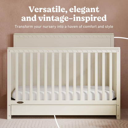 Graco Sasha 5-in-1 Convertible Crib with Drawer – GREENGUARD Gold Certified Wood Crib, Converts to Toddler Bed, Daybed, Full-Size Bed, Stylish Classic Design (Frosted Oat)