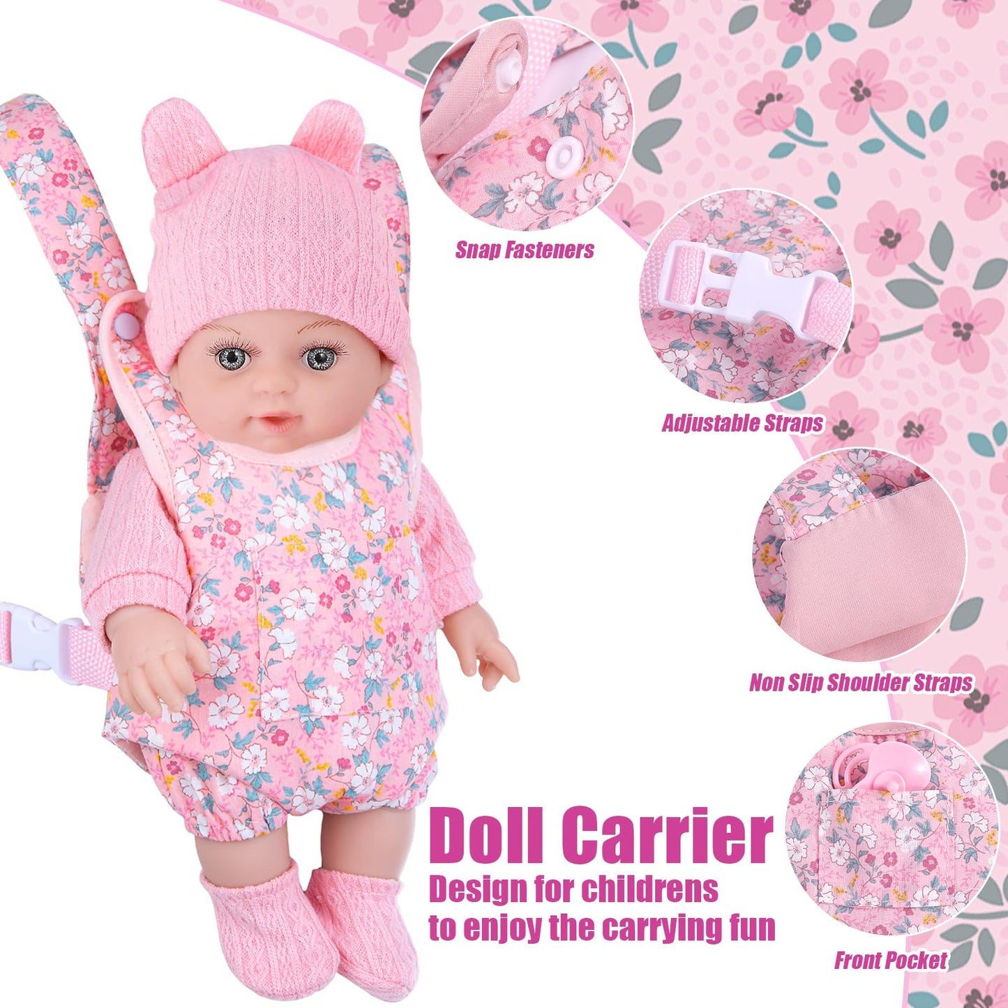 DOTVOSY 12" Baby Doll Set with Clothes and Baby Carrier for Dolls Reborn Baby Doll Accessories Include Feeding Bottles Nipple Toy Stuffs for Kids Age 3+