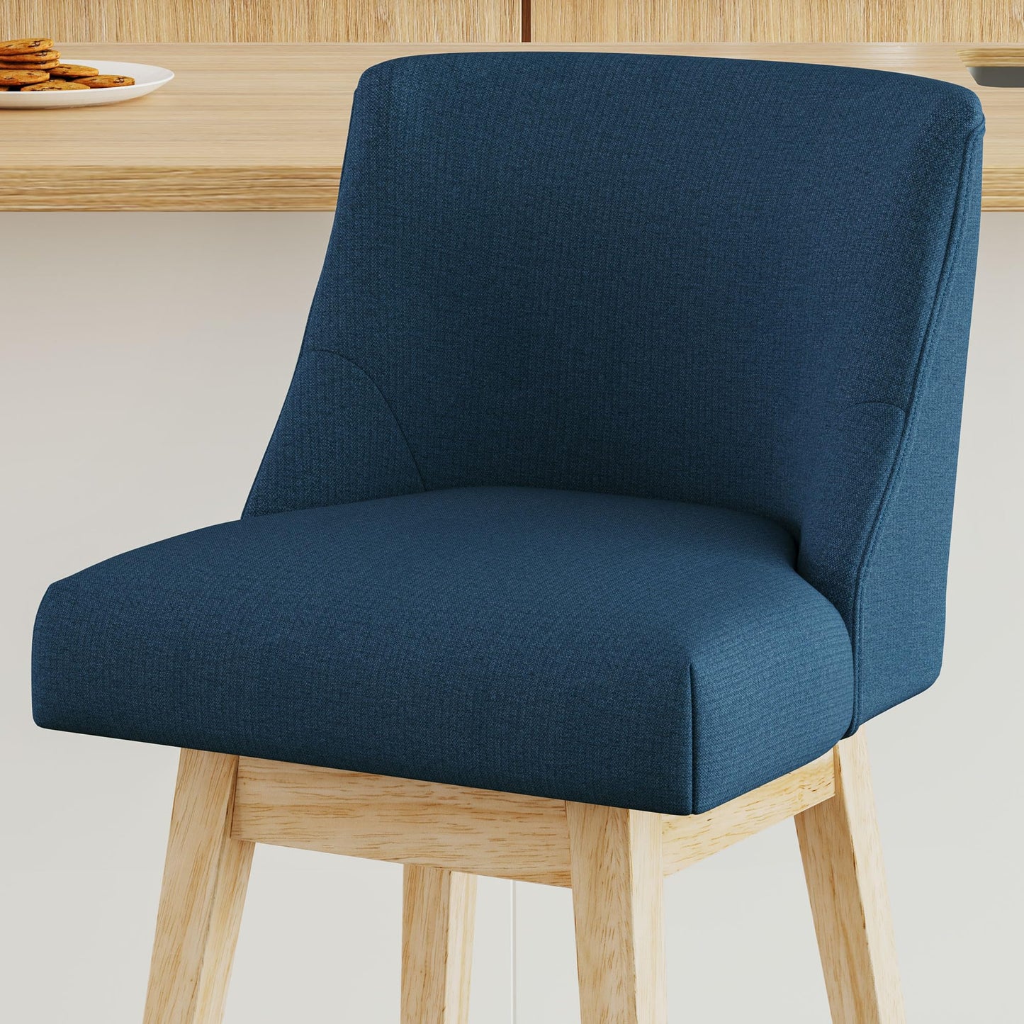 Erdoru Swivel Counter Height Bar Stools Set of 2, Modern Fabric Swivel Barstools with Contoured Back and Solid Wood Legs, Upholstered Counter Stool Bar Chairs for Kitchen Island, Home Bar, Blue