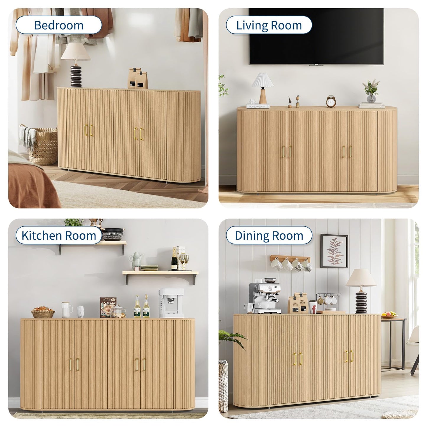 GarveeHome 63" Sideboard Buffet Cabinet with Storage, Modern Fluted Accent Credenza with Adjustable Shelves, Wood Coffee Bar with Curvy Edge, Console Table for Living Room Kitchen Dining Room Hallway