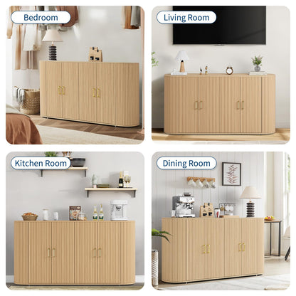 GarveeHome 63" Sideboard Buffet Cabinet with Storage, Modern Fluted Accent Credenza with Adjustable Shelves, Wood Coffee Bar with Curvy Edge, Console Table for Living Room Kitchen Dining Room Hallway