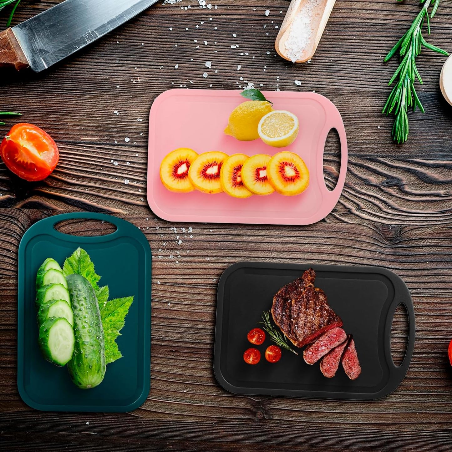 Cutting Boards for Kitchen, 3 Piece Plastic Cutting Board Set, Chopping Board with Juice Grooves and Carrying Handle