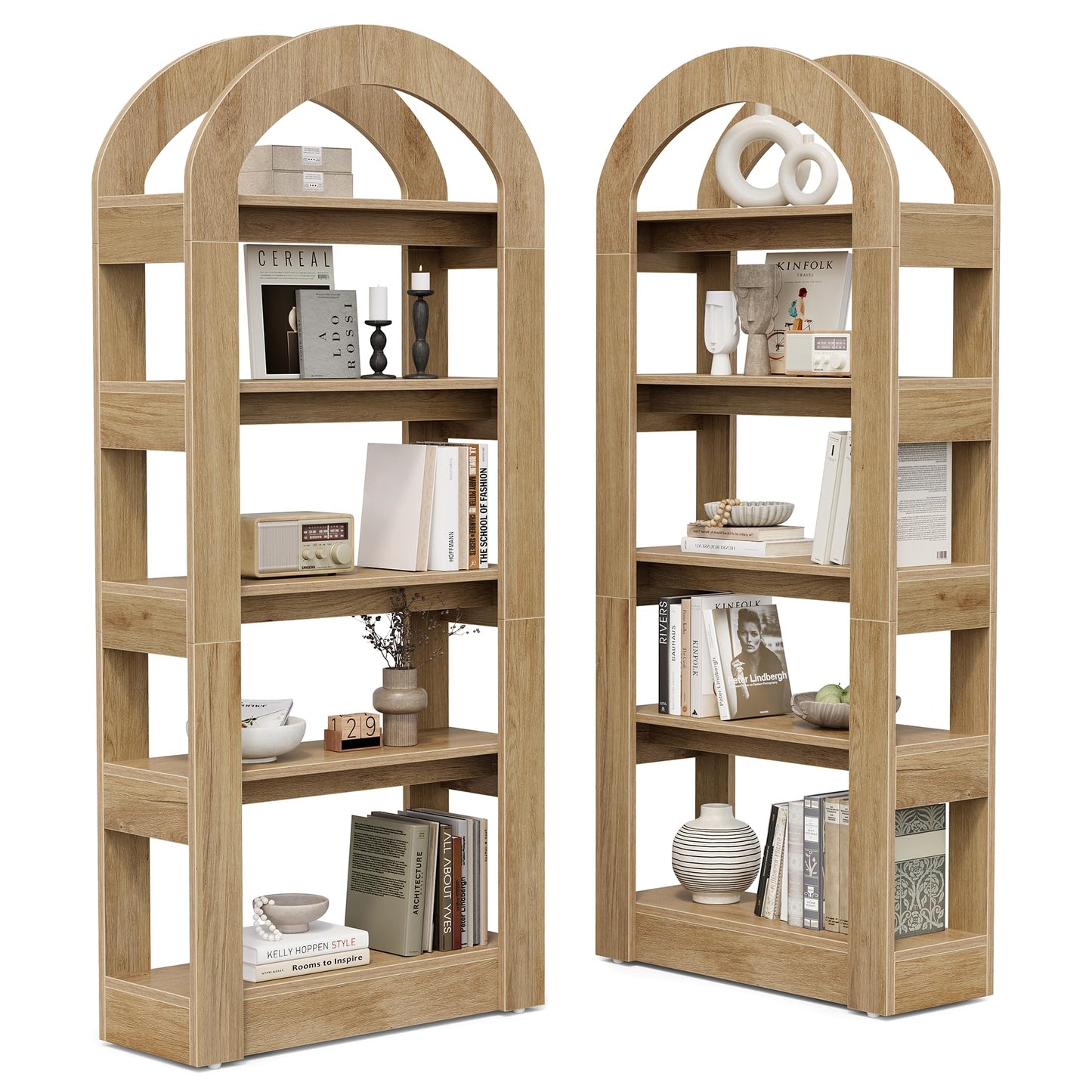 LITTLE TREE 5-Tier Bookshelf, Arch-Shaped Racks, Tall Standing Wooden Bookcase Display Shelf Modern Storage Solution (2, Teak Color)
