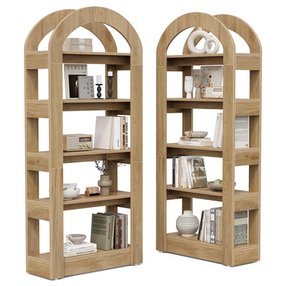 LITTLE TREE 5-Tier Bookshelf, Arch-Shaped Racks, Tall Standing Wooden Bookcase Display Shelf Modern Storage Solution (2, Teak Color)