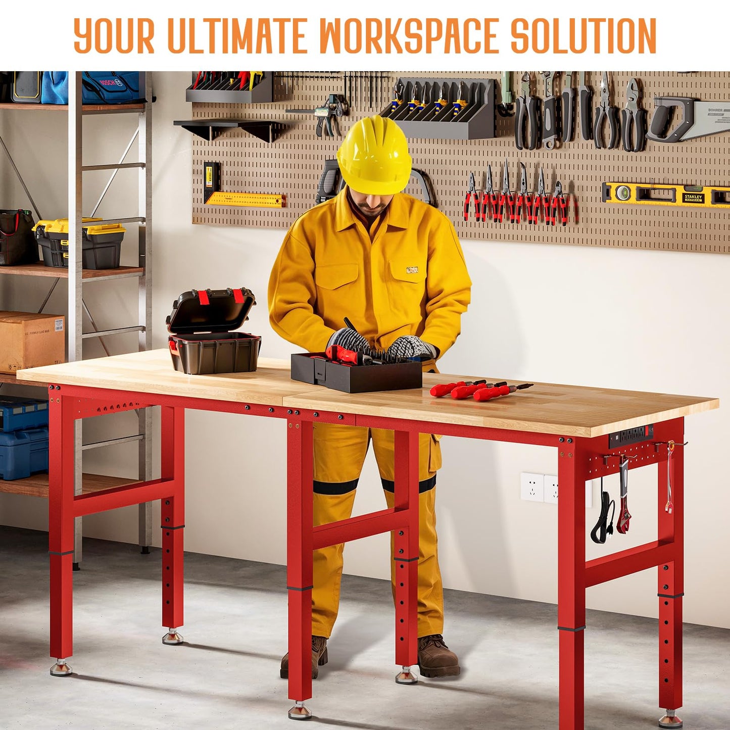 SPECRAFT 72" Red Adjustable Heavy Duty Workbench with 4 AC Outlet and 2 USB Ports Power Outlets, 6000 Lbs Capacity, Rubber Wood Top for Garage, Workshop, Office