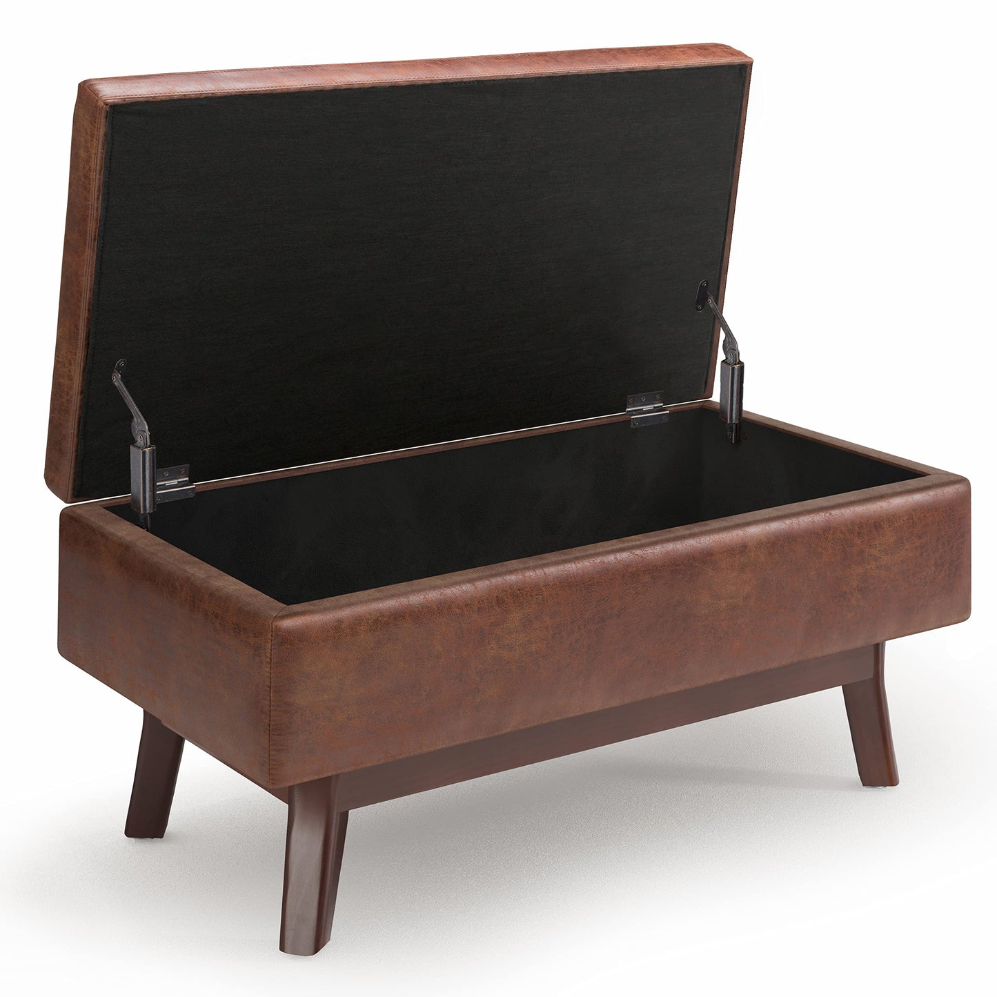 SIMPLIHOME Owen Small Rectangular Storage Ottoman - 36 inch Wide Upholstered Vegan Leather Lift-Top Ottoman in Distressed Saddle Brown, Mid-Century Modern Ottoman for Living Room with Tufted Detail
