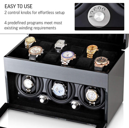 Watch Winder and Storage box for winding 3 Automatic Watches and 12 Watch Storage Space (Carbon + Black)