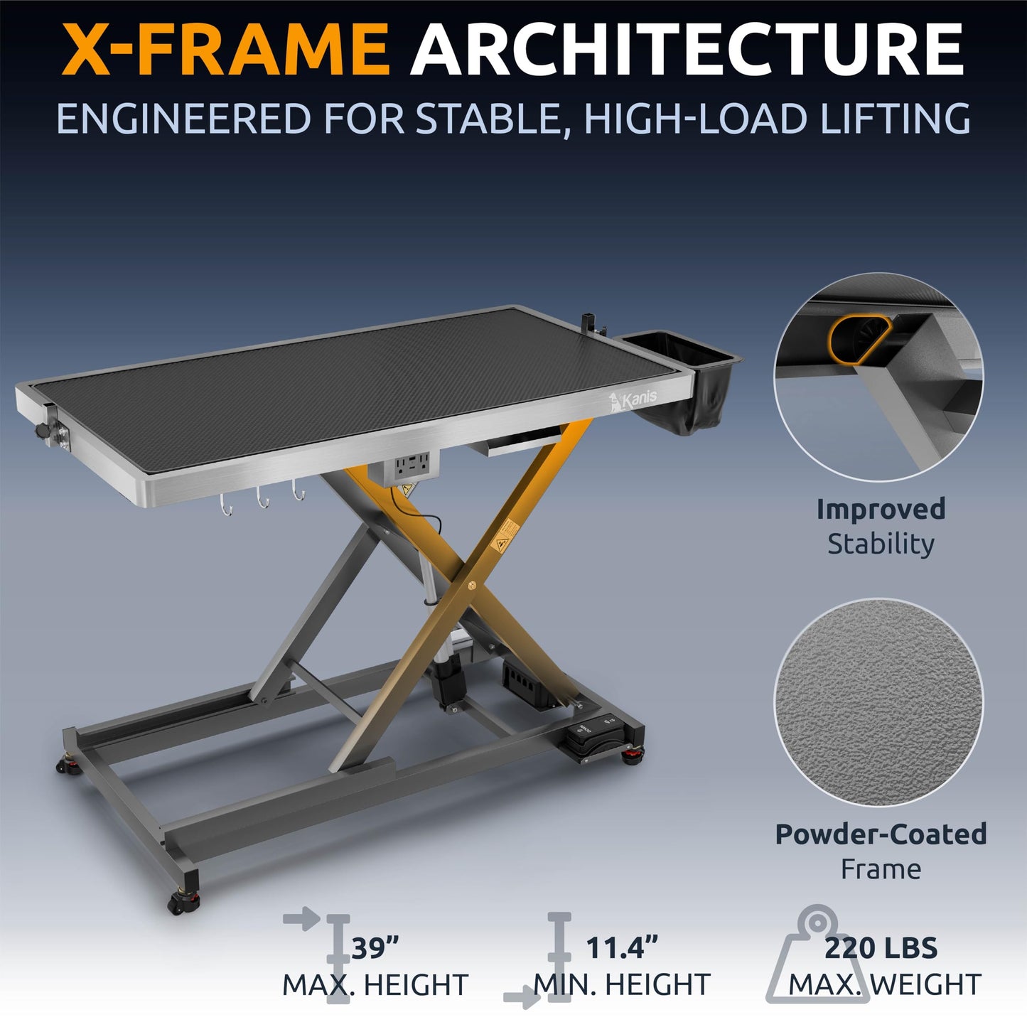 KANIS Professional Electric Dog Grooming Table - Heavy Duty, Height Adjustable Pet Grooming Table w/Leveling Wheels, Dog Grooming Arm, Anti-Slip Tabletop & Tool Organizer (Grey, 49")