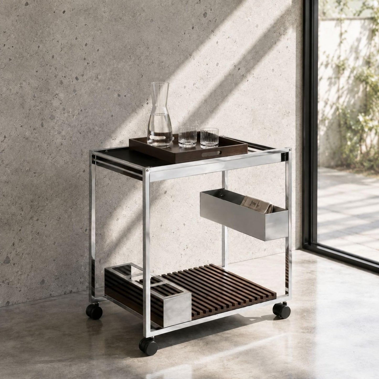 roomfitters Lisses Chrome and Walnut Serving Cart, Contemporary Luxury electroplated Electroplated Bar Trolley with Removable Serving Tray and Stemware Shelf