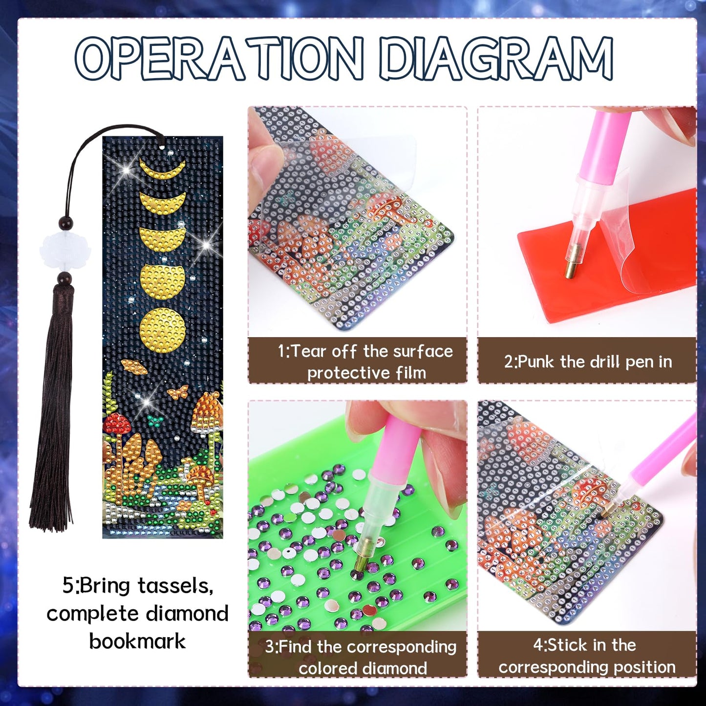 Sitsink Mushroom Diamond Art Kits - 6 Pcs Crescent Moon Mushroom Diamond Art Bookmarks with Tassels, Acrylic Bookmark Diamond Painting Kits for Adult, Boho Diamond Book Markers