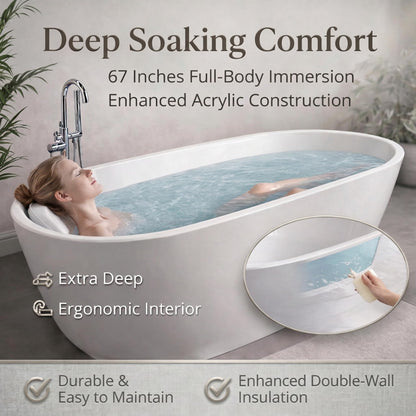 GarveeTech 67"Freestanding Bathtub, Acrylic Deep Soaking Tub, Non-Slip Acrylic Tub with Chrome Overflow and Drain, CUPC Certified, Ergonomic Modern Bath for Bathrooms, Easy-Install