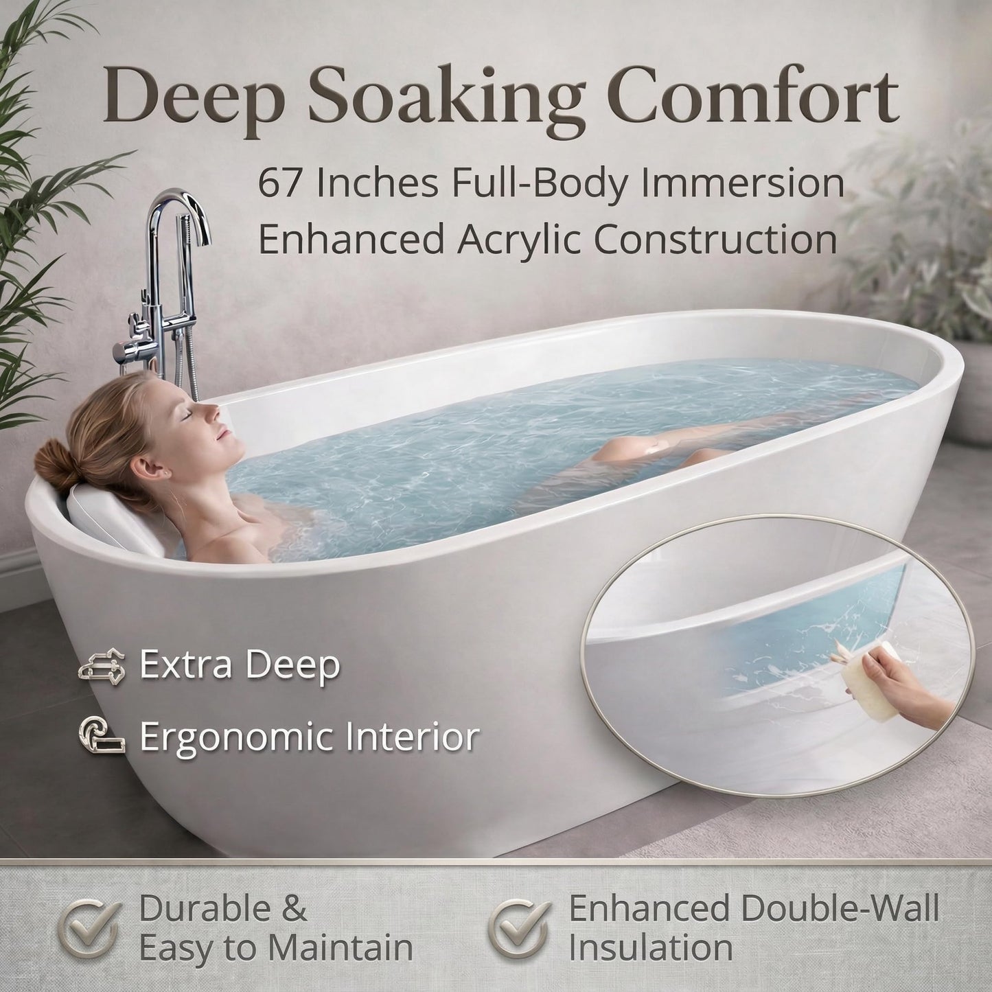 Freestanding Bathtub, Acrylic, Deep Soaking, Modern Upright Bathtub with Matte Drain and Black Overflow, Durable Double Wall, Freestanding for Bathroom, 67'', White