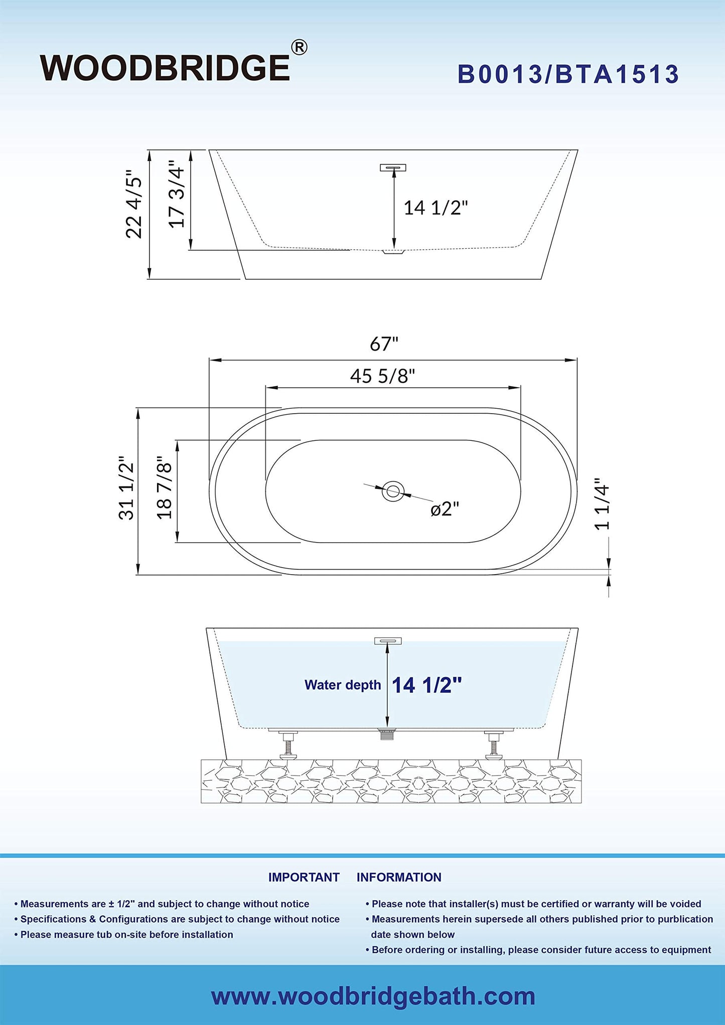 WOODBRIDGE 67" Acrylic Freestanding Bathtub Contemporary Soaking White Tub with Brushed Gold Overflow and Drain，B0013 -BG-Drain &O