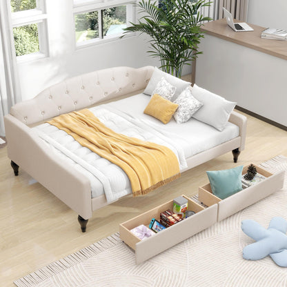 GDFStudio Full Size Upholstered Tufted Daybed with Two Storage Drawers – Linen Fabric, Solid Wood Frame, Space-Saving Design, Beige
