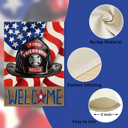 Welcome Firefighters Helmet Garden Flag, Fireman Emergency Rescue Alert Decorations, Double Sided 12x18 Outdoor Decor