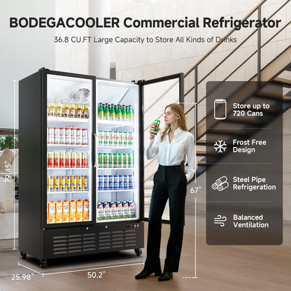 BODEGACOOLER Commercial Merchandiser Refrigerator, 36.8 Cu.Ft Double Glass Door Beverage Cooler, Upright Display Refrigerator with Soft LED Light, Adjustable Shelves, 4 Heavy-Duty Casters, Black