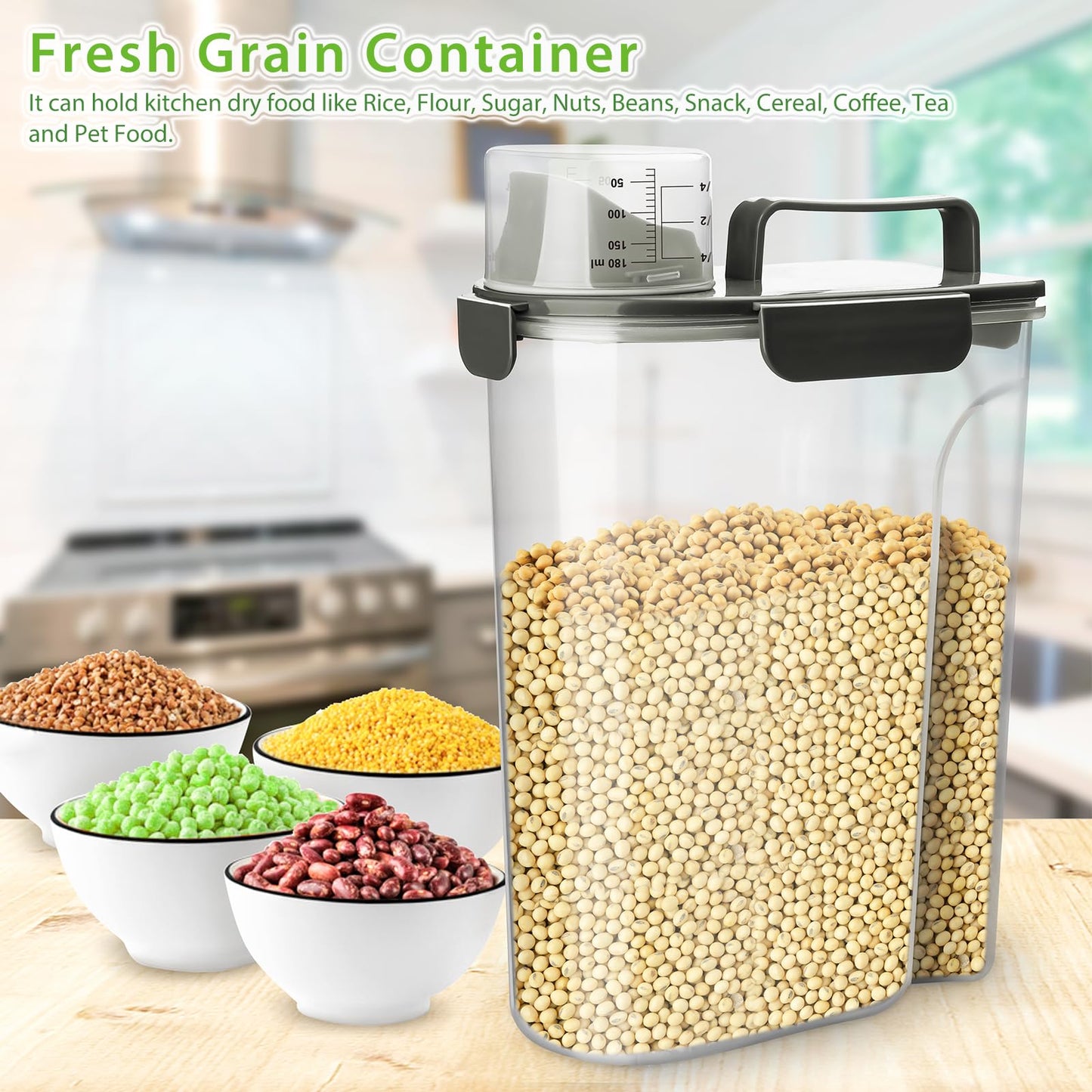 Viretec Rice Storage Container, 5 to 10lb Dry Food Airtight Dispenser, Pet Dog Cat Food Canister, BPA Free Clear Plastic Kitchen and Pantry Bin for Oatmeal, Cereal, Pasta, Flour Pack of 2 Grey