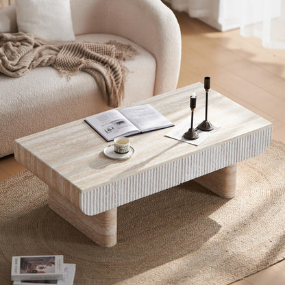 KEIKI 47" Coffee Table with Fluted Drawer, Oval Wood Coffee Table with Faux Marble Tabletop for Living Room or Office, Stylish Accent Table for Apartment or Studio, Beige Brown