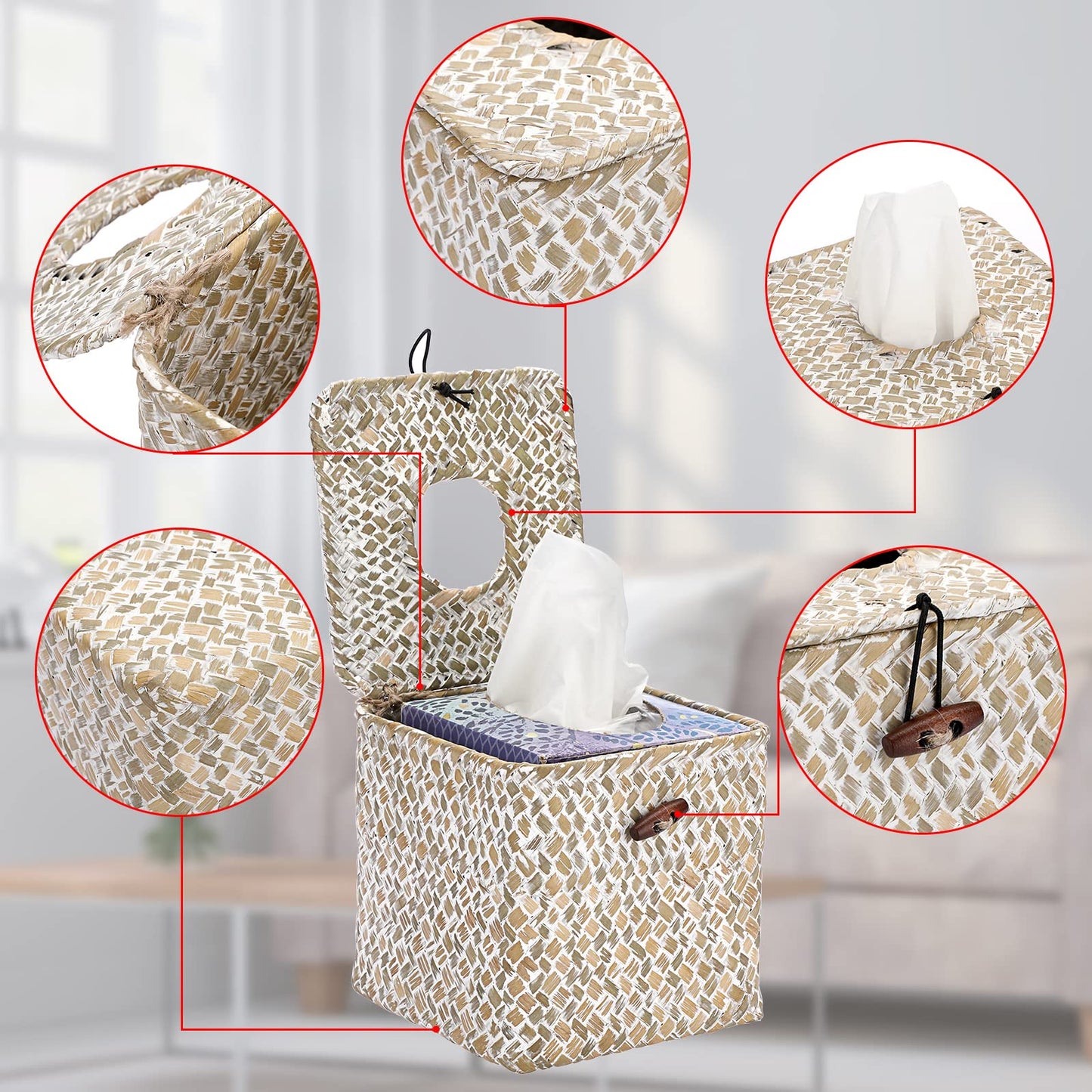 Sumnacon Tissue Box Cover Square Seagrass Tissue Box with Lid, Woven Tissue Box Holder Rustic Cube Tissue Cover for Bathroom Toilet Bedroom Living Room Kitchen Table Desk Office Car, Whitewash