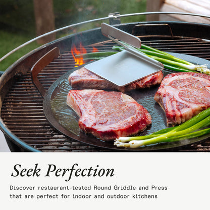 Made In Cookware | Seasoned 17" Round Carbon Steel Griddle + Grill Press | Professional Cookware | Crafted in Sweden | Induction Compatible