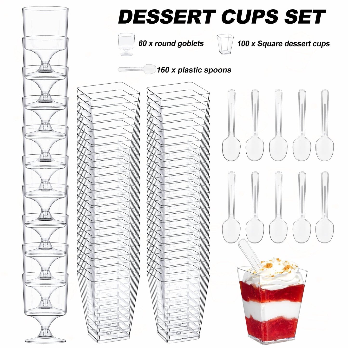 320-Pack Dessert Cups with Spoons 5 oz Mini Plastic Dessert Cups for Party Yogurt Parfait Jello Fruit Appetizer Cocktail Small Clear Reusable Square and Round Goblet-Shaped Dessert Bowls Shot Glasses