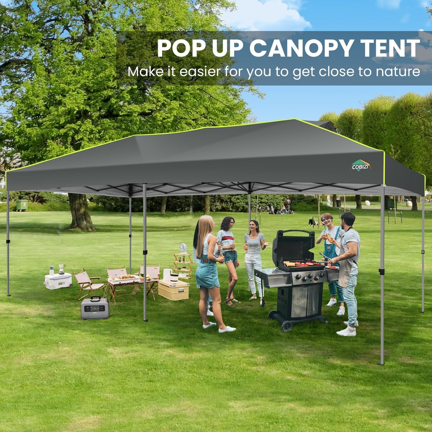 COBIZI 10x20 Pop Up Canopy Tent, Outdoor Party Tent with 6 Sidewall One Push Setup Glow, 3 Adjustable Height Air Vent Waterproof UPF50+, Bag, 4 Sandbag, 6 Stake, 12 Rope for Beach, Commercial
