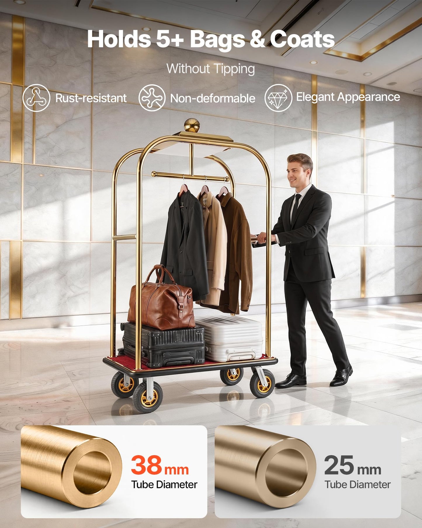 VEVOR Hotel Luggage Cart, 1200 lbs Heavy Duty Bellman Cart with Stainless Steel Frame, 8 in Rubber Wheels, Red Carpeted Deck, Commercial Luggage Carrier Rolling Trolley for Hotels, Resorts, Gold