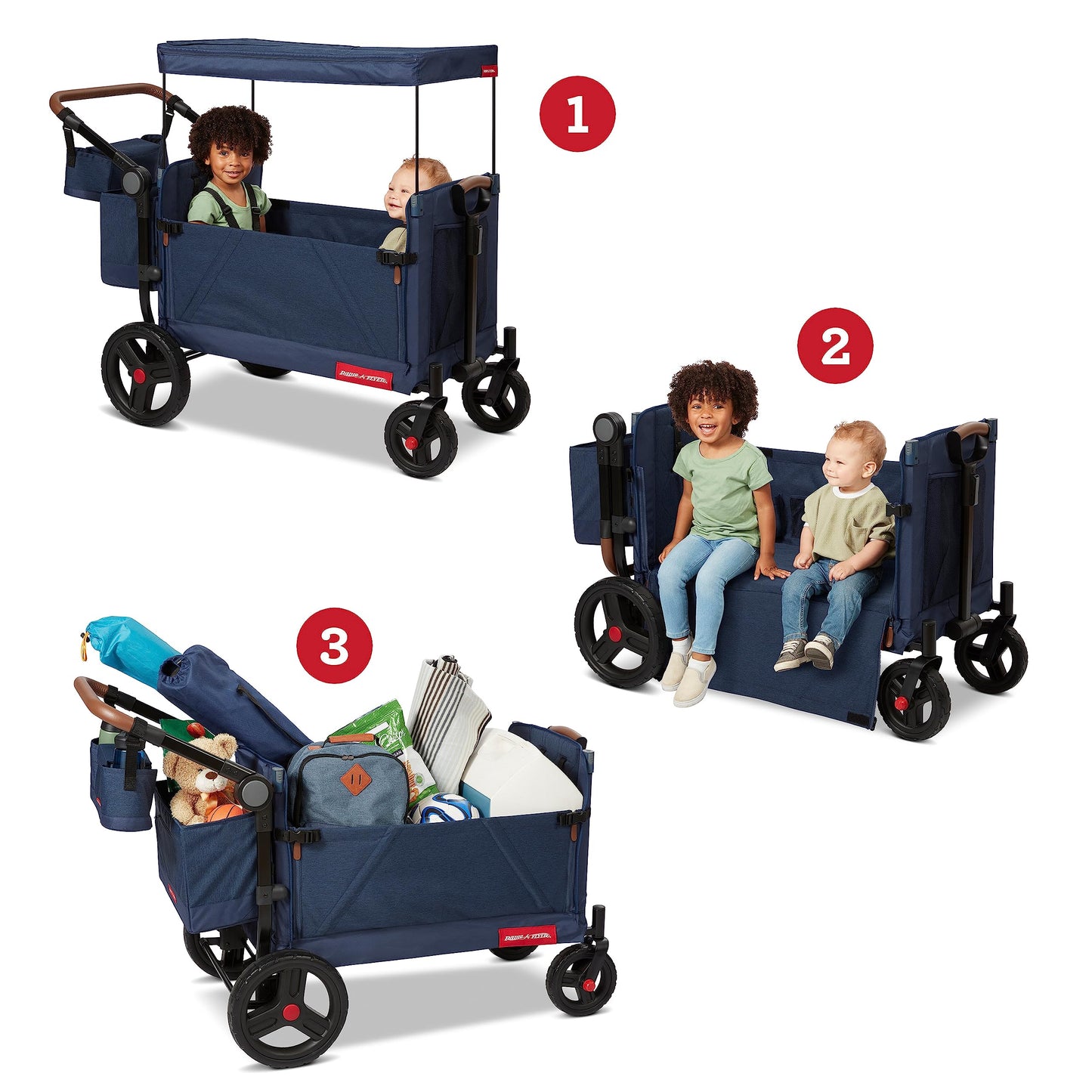 Radio Flyer Atlas Stroll 'N Wagon, Navy Blue, For Ages 1+, 3-in-1 Push or Pull Versatility, One-Hand Fold, UV Canopy, 5-Point Harnesses, Storage Capabilities, Rubber Wheels, Stroller Wagon for Kids