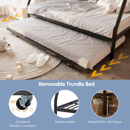 SUNLEI Metal Bunk Beds with Double Secured Ladders, Twin Over Full Bunk Bed with Surrounded Safety Guardrails, Space Saver Twin Beds, Noise Free for Small Bedroom, with Trundle, Black
